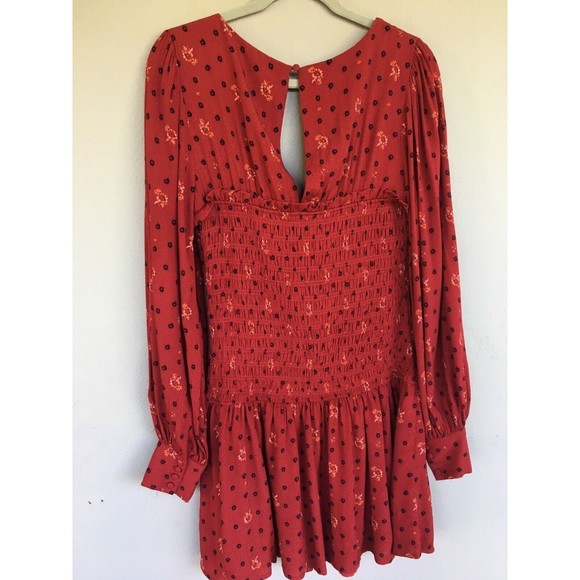 Free People Two Faces Mini Dress Size M Red Smocked Square Neck Cottage Boho - Picture 4 of 10